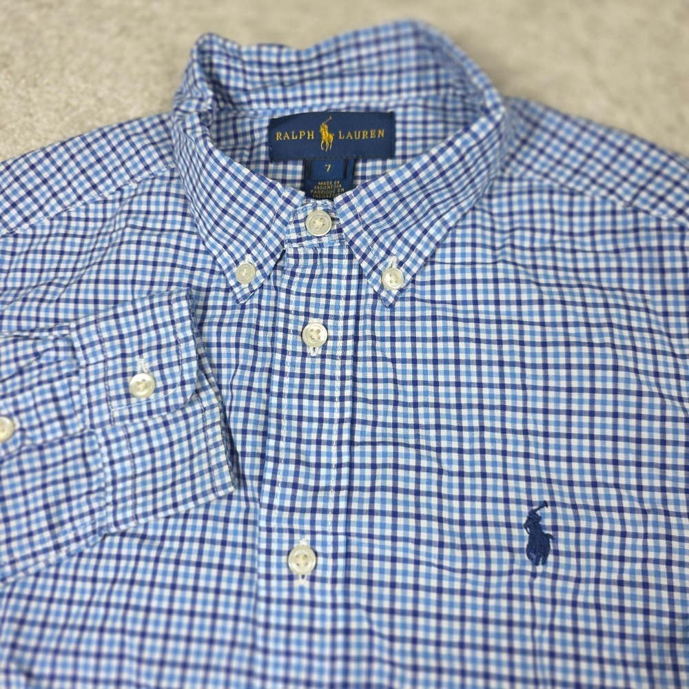 Ralph Lauren Shirt Kids 7 Blue White Cotton Check Long Sleeve Button Down